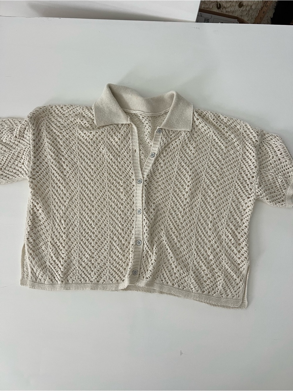 Target Cream Open-Knit Button Front Short Sleeve Sweater